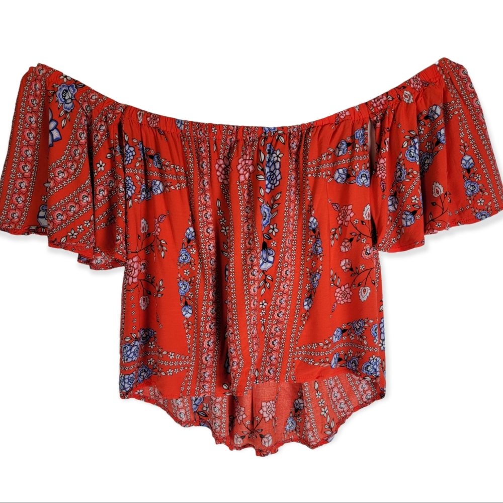 Jaase Red Floral Off Shoulder Flutter Sleeve Flowy Top, EUC, size Medium - Picture 2 of 5